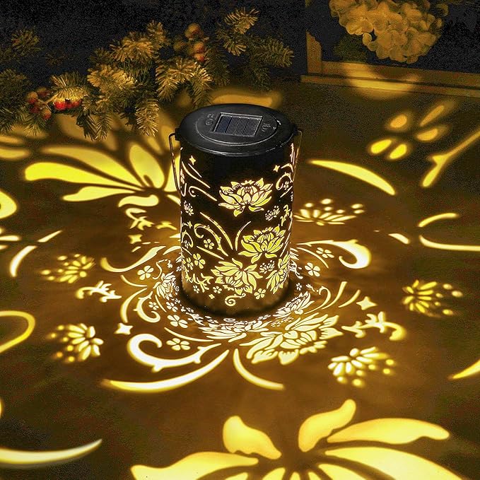 Solar Lanterns Outdoor Hanging Waterproof Metal Lotus Pattern Lanterns for Garden Patio Yard Lawn Front Porch Decor as Birthday Gifts for Mom Grandma Women