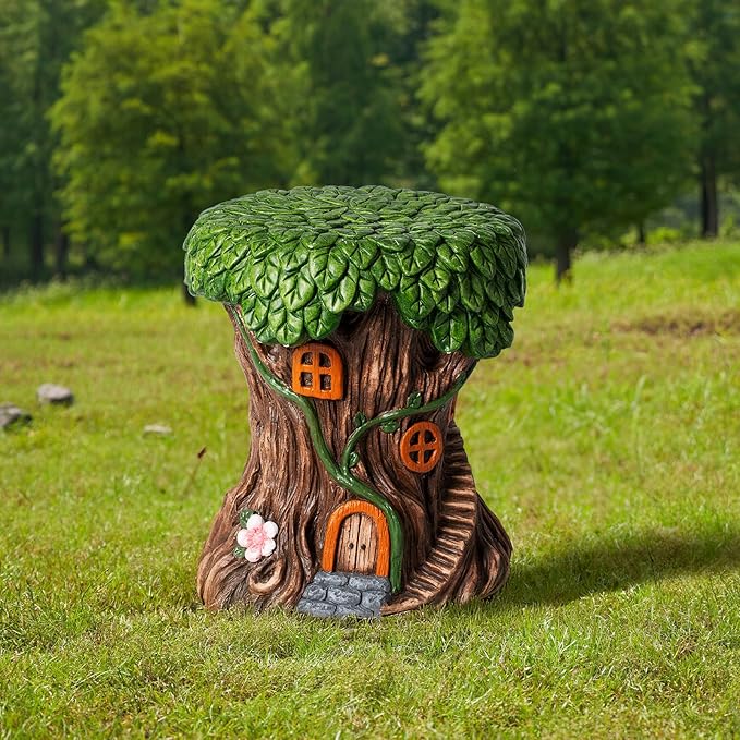 13''H Fairy House Statue Outdoor Statues Garden Resin Stool Over-Sized Sculpture Forest Pedestal Spring Decor for Home Courtyard Lawn Patio Summer Ornament Indoor Stool