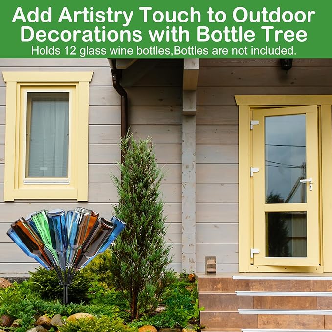 2 Pcs 24 Wine Bottle Tree Garden Outside 24 Inches Glass Bottle Tree Colorful Garden Decorative Bottle Holder Artificial Black Metal Bottle Trees for Lawn Yard Garden Outdoor Decor