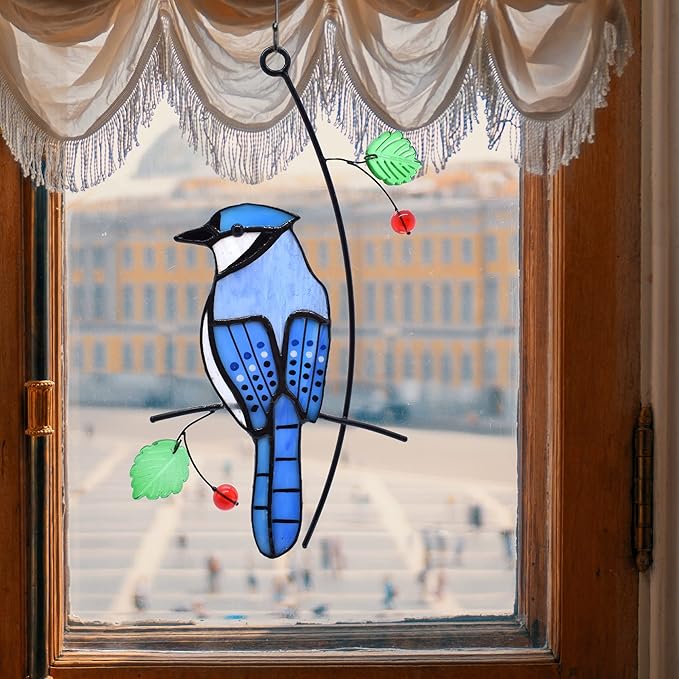 Lolitarcrafts Blue Jay Modern Stained Glass Window Hangings Blue Birds Suncathers for Window