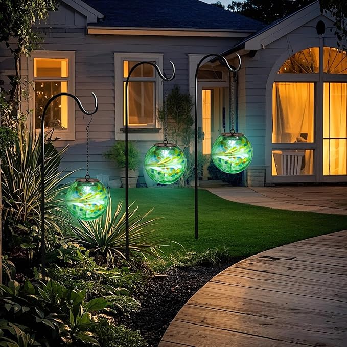 VCUTEKA Solar Hanging Lanterns, Outdoor Glass Gazing Ball Lights with Hook, Waterproof Energy-Efficient Solar Lanterns for Garden, Yard, Tree and Patio Decor, Green