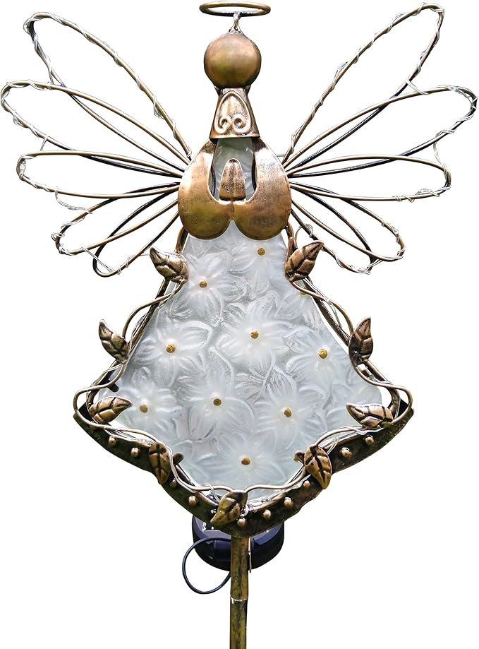 Angel Solar Lights Garden Stake Outdoor-38Inch Metal&Glass Solar Angel Stake Grave Decorations for Cemetery-Perfect as Angel Remembrance Gifts & Sympathy Gifts Decorations（Bronze）