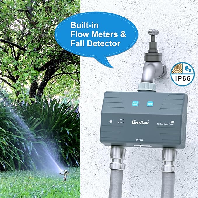 LinkTap D1 Wireless Water Timer & Gateway, 2 Zone Smart Hose Faucet Timer, Built-in Flow Meters, Real-Time Fault Detection & Notification, Weather Adaptive, Better Range Than WiFi, IP66, 2-Yr Warranty