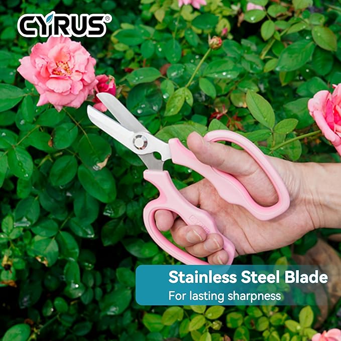 CYRUS Garden Shears Pruner Secateurs 7.5" Pruning Scissors with Integrated Stab Remover Flower Sharp Gardening hand tools Florist Bonsai Cutters Rose Snips Pink