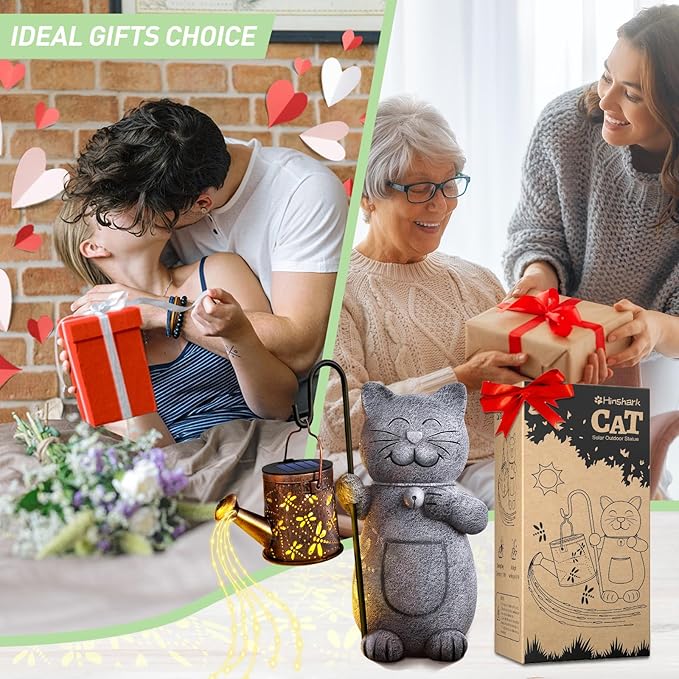 Mothers Day Mom Gifts for Mom, Solar Garden Outdoor Statues Cat with Kettle Light, Birthday Mom Gifts for Her Women Grandma, Cat Lovers Gifts for Women, Gardening Gifts House Warming Gifts New Home