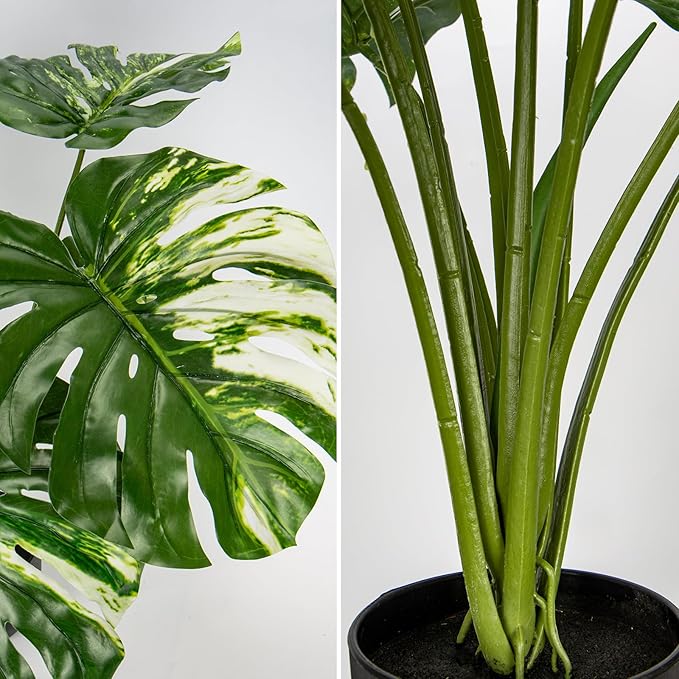 Hollyone Artificial Monstera Plant 2FT Faux Monstera Deliciosa Plant in Black Pot Fake Swiss Cheese Tropical Plant Potted for Indoor Outdoor Floor Home Office Living Room Decor, 2 Pack