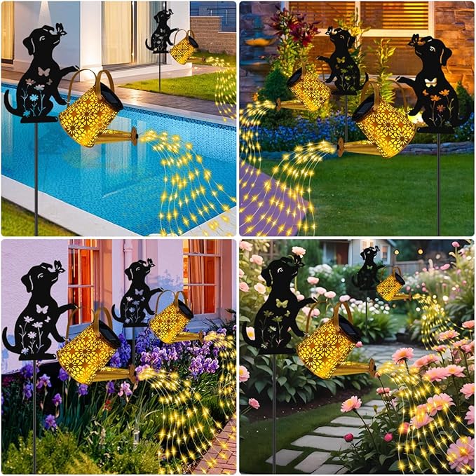 Solar Lights Outdoor Decorative, Watering Can with Cascading Lights, with Dog Silhouette Garden Stakes, Waterproof Metal Garden Decor for Yard Art, Outside, Patio, Lawn Ornaments