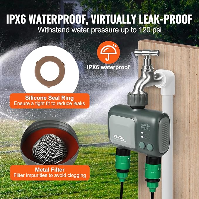 VEVOR Sprinkler Timer WiFi Water Timer, 2 Outlets, Smart Hose Faucet Water Timer with Brass Inlet, APP Remote Control via 2.4Ghz WiFi or Bluetooth, Voice Control, IPX6 for Garden, Yard Watering