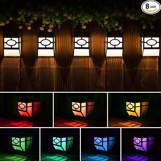Solpex Solar Deck Lights,Solar Fence Lights, 2 Modes Christmas Decoration Lights,Unique Pattern, Waterproof Automatic Outside, Deck, Patio, Stairs, Yard, Steps, Path & Driveway (RGB & Black 8-Pack)