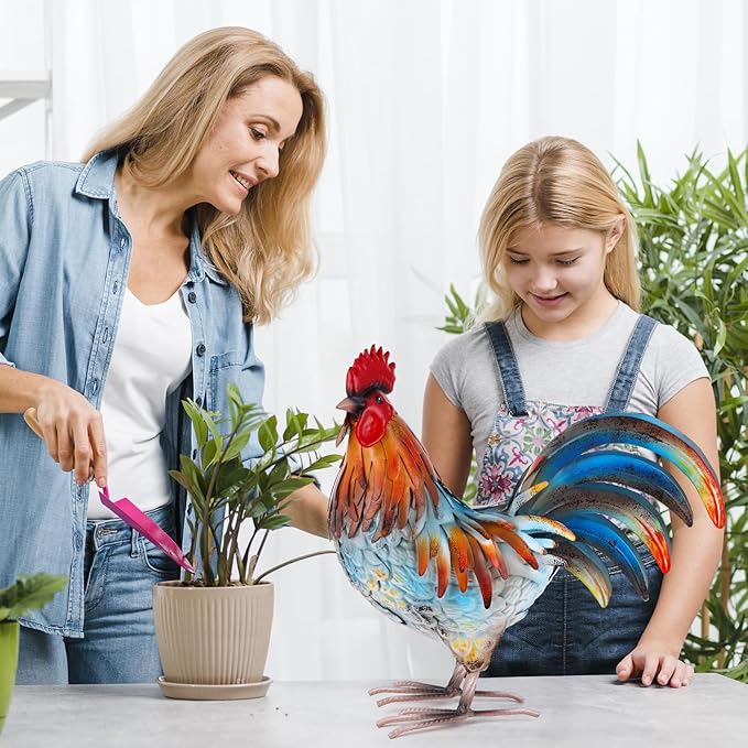 Metal Rooster Decor Garden Statue,Yard Chicken Decorations Outdoor Sculpture for Backyard Patio Kitchen Lawn Ornaments,Birthday Housewarming Gifts for Women Mom