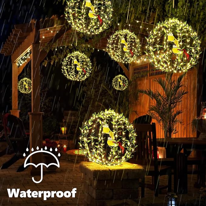 Joomer Solar Lights Outdoor, 2 Pack 12in 120 LED Solar Hanging Light Balls Outdoor, 8 Modes Waterproof Foldable Metal Sphere Light with Hook for Outside Hanging - Warm White(Ball with Green Leaf+Bird)