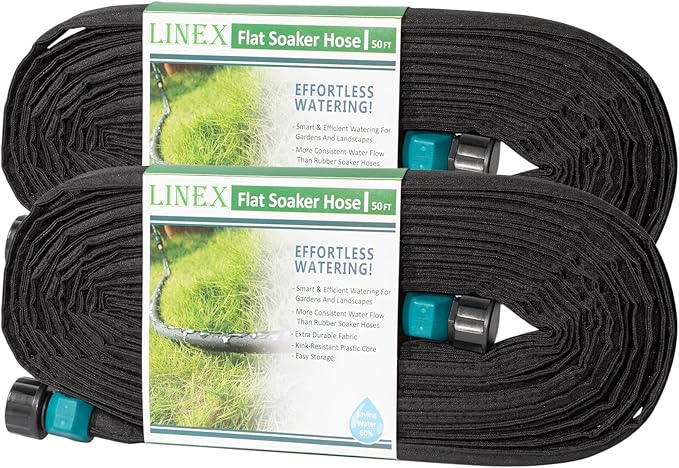 LINEX Flat Soaker Hose 100 ft for Garden Beds, 1/2'' x 50 ft 2 Pack Drip Irrigation Hoses Save Water 80% Heavy Duty for Vegetable