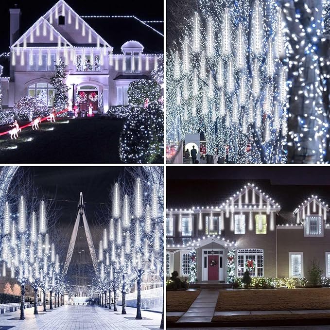 2-Pack Meteor Shower Christmas Lights Outdoor Decorations, Extendable Tree Lights Waterproof 16 Tubes 384 LEDs Falling Rain for Holiday Outside Decor Yard House Xmas Tree (Cool White)