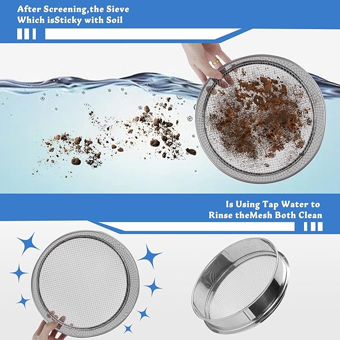 3PCS Soil Sifter Set with 5mm, 3mm, 1mm Mesh - Rock Garden Sieve for Sand, Soil, Compost | Metal Dirt Strainer with Shovel Tools for Gardening, Bonsai, Beach, and Gravel