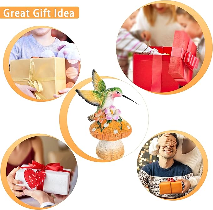 Hummingbird Stand on Mushroom for Garden Decorations,Hummingbird Statue for Outdoor Backyard Yard Porch Patio Lawn Outside Indoor Home Shelf Decor Accents,Bird Sculpture Figurine