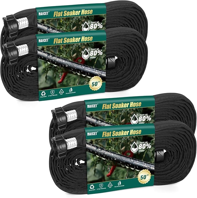 Flat Soaker Hose 50FT*4 Lightweight and Flexible Irrigation Solution for Garden Beds Flower Beds and Lawns (200FT)