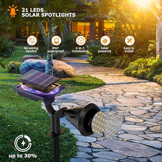 Solar Spot Lights Outdoor, 21 LEDs Brightness Solar Flag Lights Outdoor IP67 Waterproof Solar Garden Stake Lights, 2-in-1 Adjustable Solar Power Outdoor Lights for Fence Warm White(6 Pack)