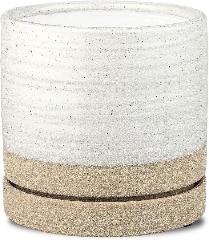 6 Inch Plant Pots, Ceramic Planter Pot with Drainage Hole & Saucer, Indoor/Outdoor Cylinder Round Planter Pot, White & Beige Glaze
