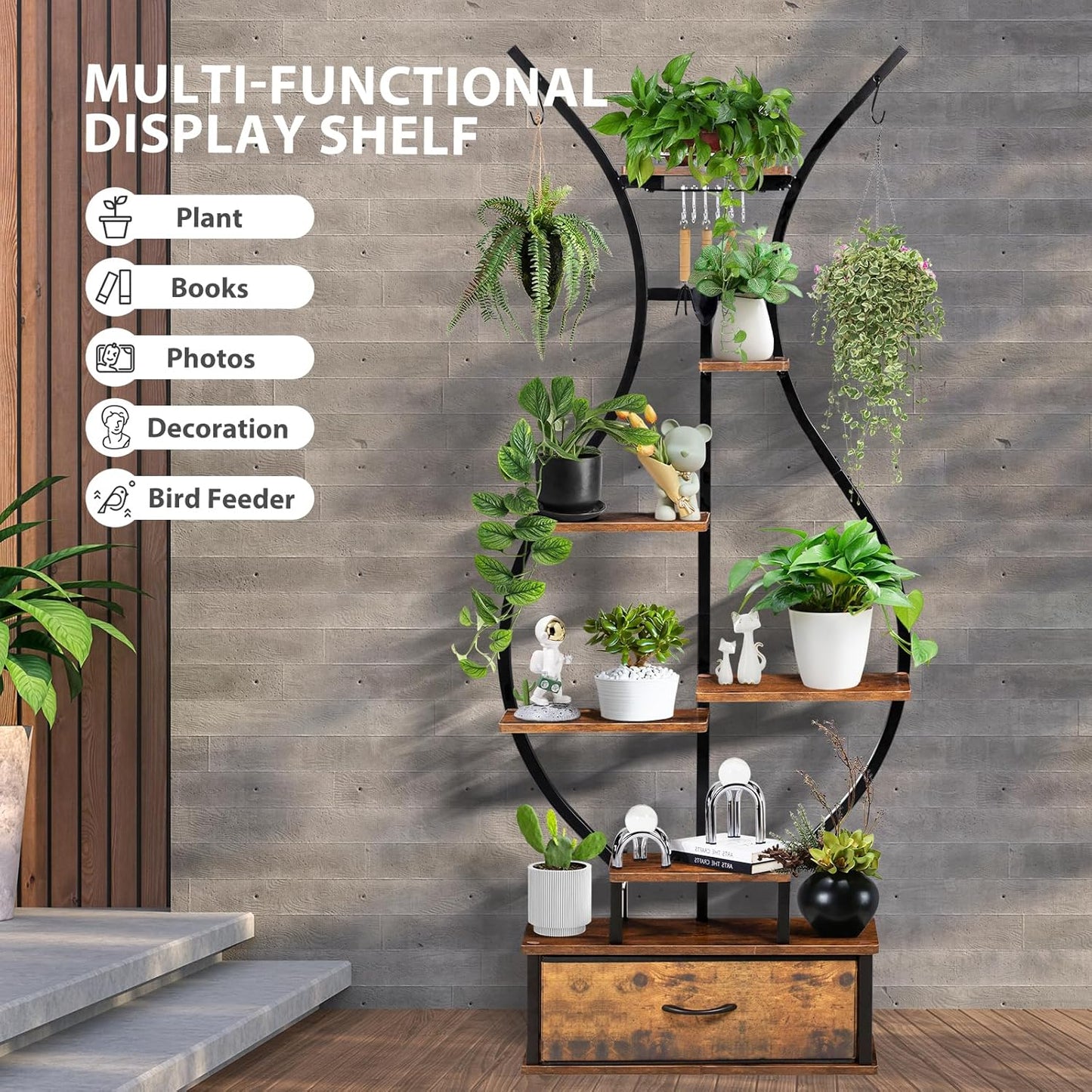 7-Tier Indoor Plant Stand with Hanging Hooks & Drawer, 68.1" Tall Vase-Shaped Corner Plant Stand includes Tool Hangers, Aesthetic Tall Plants Shelf for Multiple Plants Flower Pot, Outdoor Plant Holder in Patio Balcony