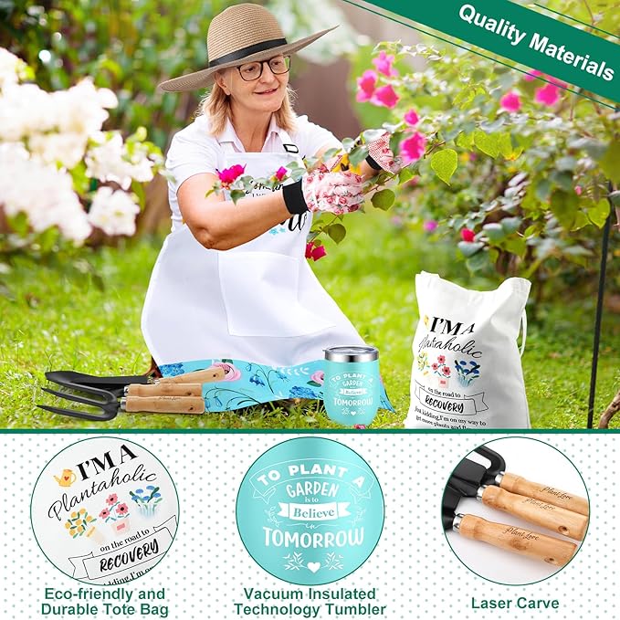 Toulite 10 Pcs Gardening Kit for Women Gardening Tool Set Gardening Gifts for Women with Planting Tools Straw Hat Floral Apron Glove Gardening Gift Basket Cup with Straw for Plant Lover Women