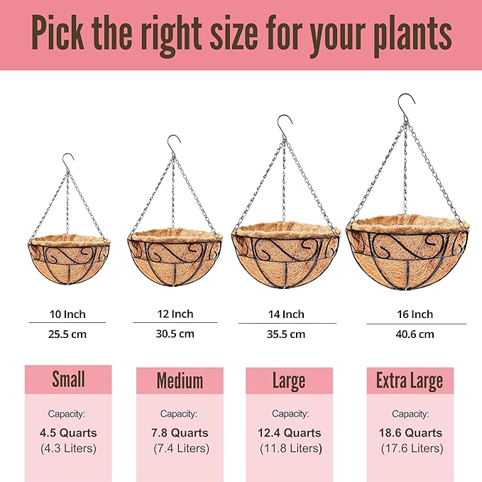 LaLaGreen Hanging Planter for Outdoor Plants (6 Pack, 10 Inch) Hanging Baskets with Coco Liner, Metal Wire Flower Basket Pots with Hook Hanger Balcony Porch Farmhouse Country Style Garden Decor