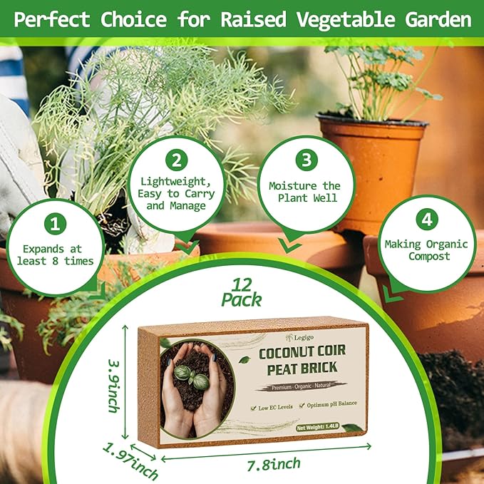 Legigo 12 Pack Premium Coco Coir Brick for Plants- 100% Organic Compressed Coconut Coir Bricks Starting Mix, Coco Coir Fiber Coconut Husk for Planting, Gardening, Potting Soil Substrate, Herbs