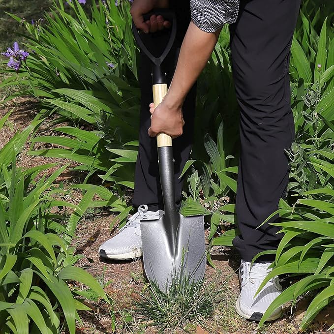 Shovel for Digging 28 In Small Round Shovel with D Handle Kids Metal Beach Shovel，Camp Shovel ，Garden Shovel ,Gardening Tools Wooden Handel, Yellow Wood, 28In