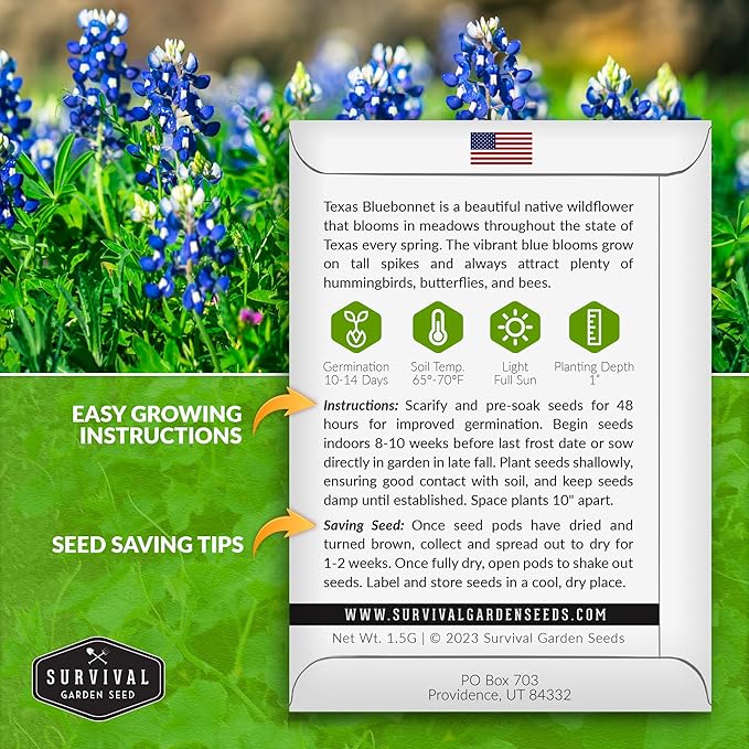 Texas Bluebonnet Seed for Planting - 3 Packets with Instructions to Plant & Grow Lupinus Texenisis in Your Home Wildflower Garden - Non-GMO Heirloom Variety- Survival Garden Seeds - Drought Resistant