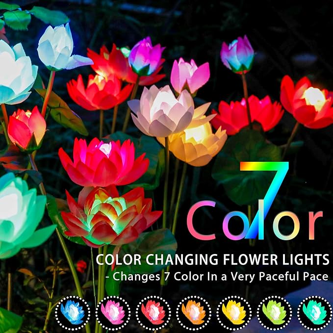 TONULAX Solar Garden Lights, Lotus Flower Lights, Outdoor Light for Garden, Patio, Yard Decoration, 7 Color Changing Decorative Light, Larger Solar Panel(4 Pack)