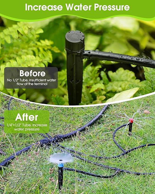Drip Irrigation System Kit - Garden Watering System with 16FT 1/2'' & 79FT 1/4" Irrigation Tubing Parts - Automatic Irrigation Sprinkler Equipment for Raised Beds, Plants, Garden, Lawn, Greenhouse