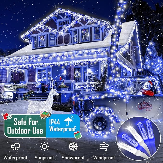 Heceltt 1140 LED 449 FT String Lights Outdoor, 8 Modes Christmas Lights, Waterproof LED String Lights with Timer and Memory Fairy Light Plug in for Wedding Home Party Tree Decorations (Blue and White)