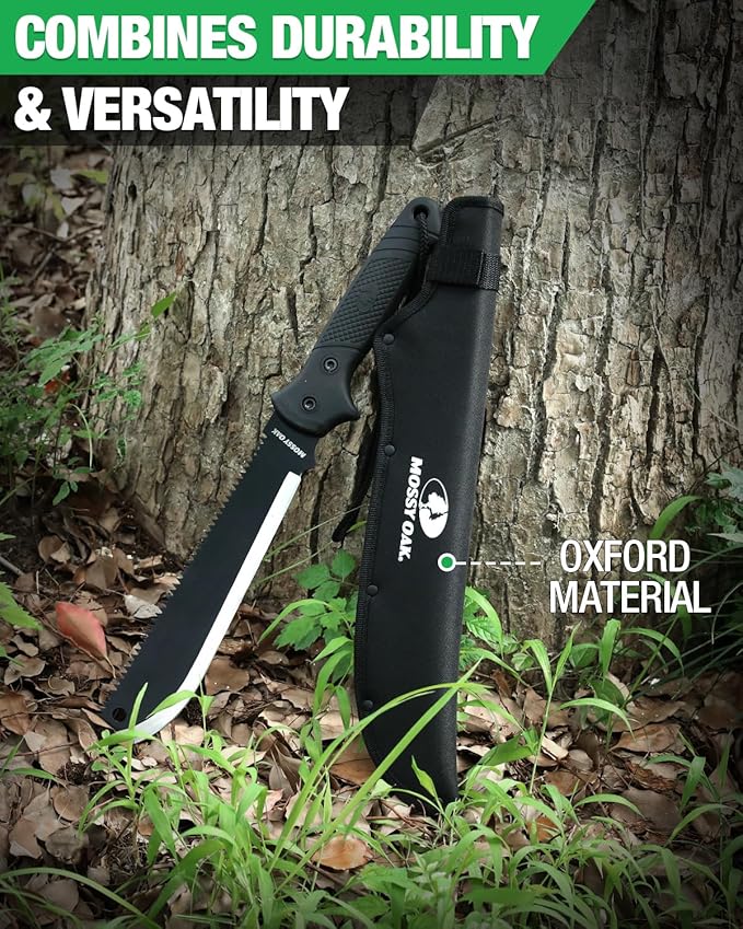 Mossy Oak Machete with Saw, 19" Sharp Machete with Sheath, Ergonomic No-Slip Handle, Machetes for Bushcraft, Outdoor Hunting, Garden Cutting Trees and Yard Work