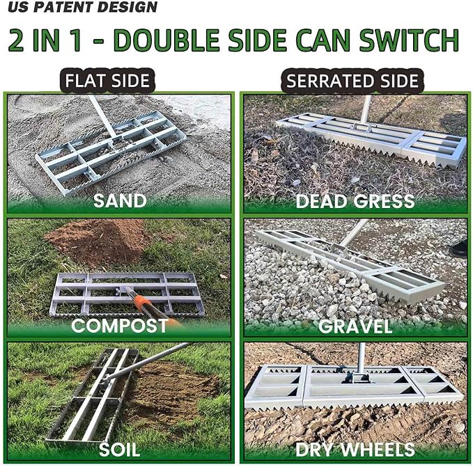 Lawn Leveling Rake, 30in | Double Side can Switch, with 20pc Marking Flags to Mark Low Spot, Stainless + Powder-Coat, FLAT Level Soil/Dirt/Compost on Lawn, SERRATED Rake Dead Grass/Ruts/Gravel on Yard