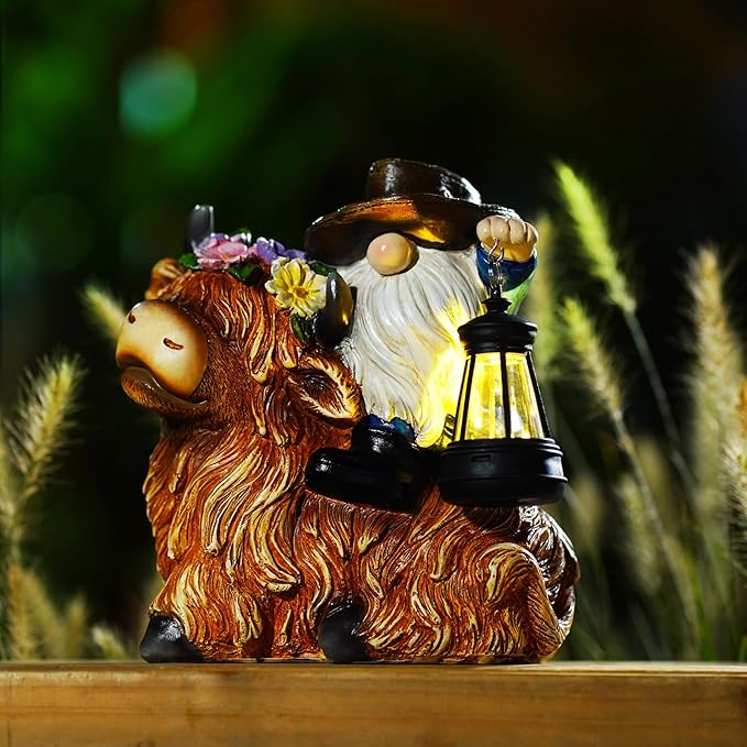 Solar Highland Cow Gnome Garden Decorative Statue - Detachable Lantern - Outdoor Fun Decoration, Suitable for Patio, Back Porch, Table Ornaments, Unique Housewarming, Birthday Gifts for Women, Mom