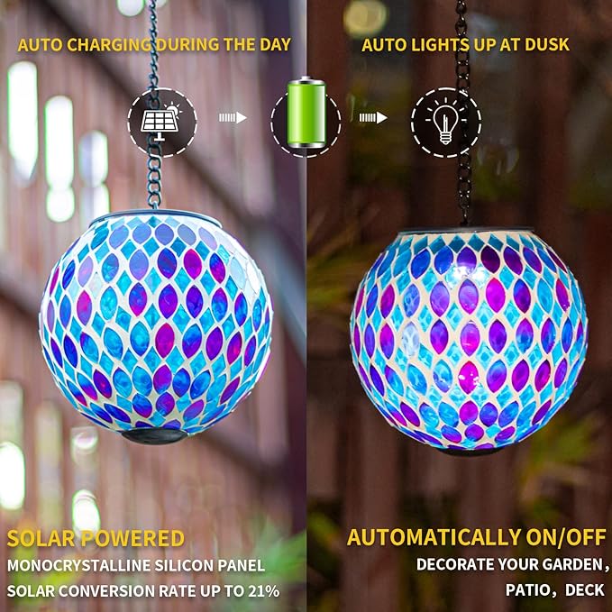 VCUTEKA Hanging Solar Lanterns Mosaic Solar Lights with Hook Up, Outdoor Garden Lights Decor for Yard Tree Fence Patio