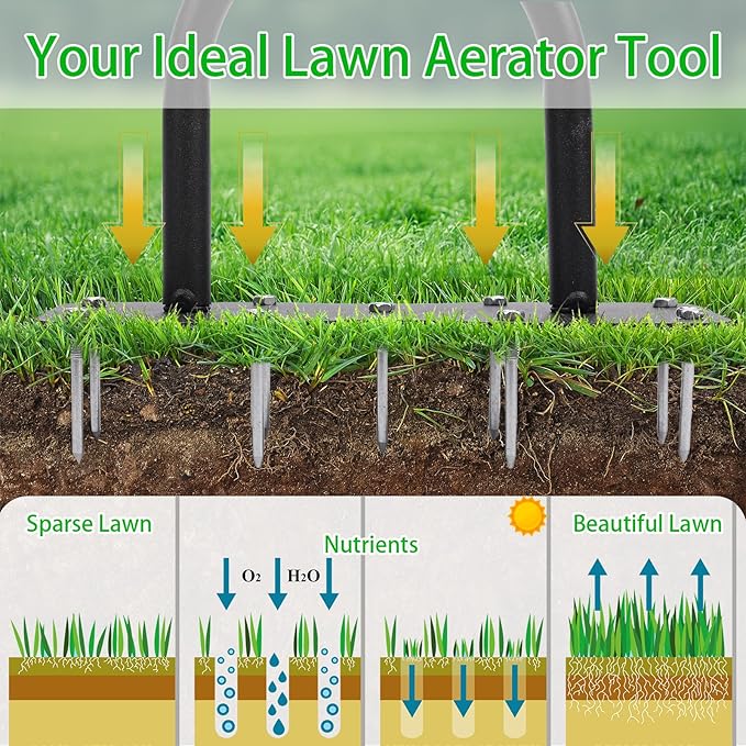 9-Spike Lawn Aerator Tool, Spike Metal Manual Dethatching Soil Aerating Lawn with, Grass Aerator Garden Tools, Durable U-Shape Steel Structure, Super Easy Installation, 39.4''
