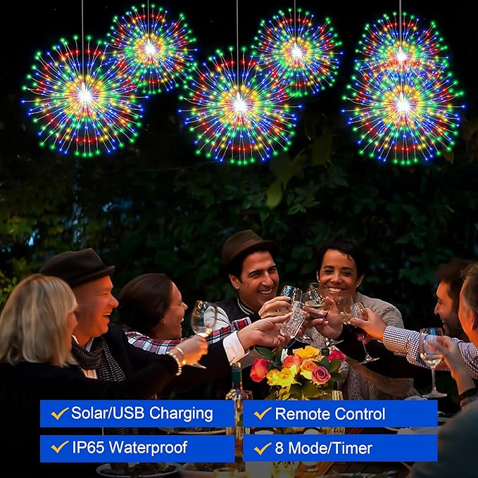Solar Firework Lights Outdoor, 600 LED Starburst Light Outdoor with USB Rechargerable, 8 Modes Waterproof Solar Hanging Lights for Gazebo Yard Party Wedding Decorations (Multicolored, 600 LED)