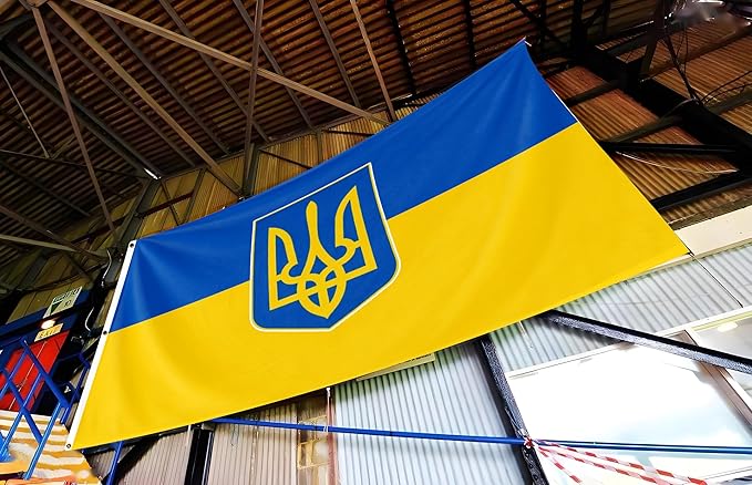 Ukraine Trident Extra Large Flag 8x12FT Giant Ukrainian Coat of Arms National Polyester Banner With 3 Grommets Fade Resistant Vivid Color For Patriotic Festival Events Party Decoration
