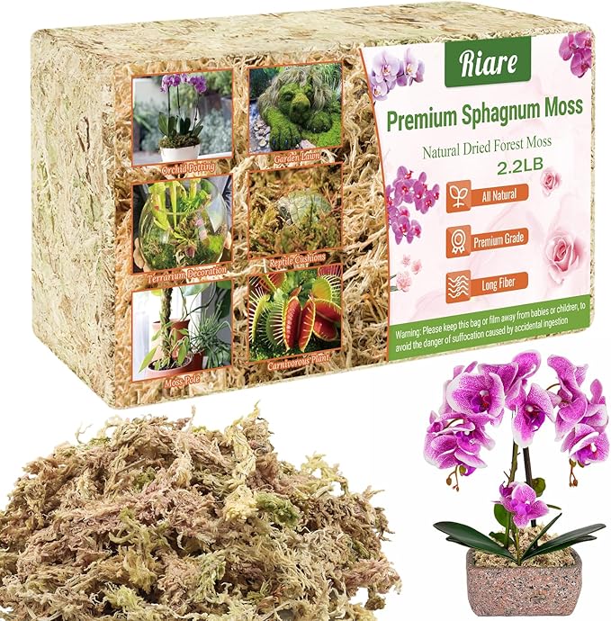 Riare 2.2 LBS Premium Sphagnum Moss for Plants- Natural Long Fibered Sphagnum Peat Moss Plants Moss Dried, Carnivorous Plants Moss Orchid Potting Mix for Orchids,Carnivorous Plants,Succulent(40QT)