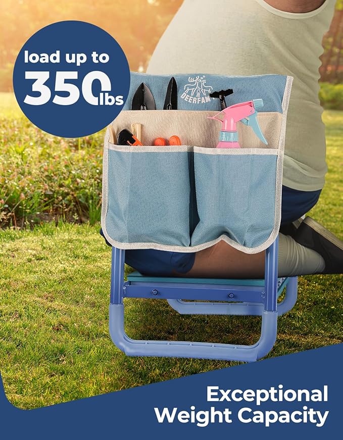 DEERFAMY Garden Stool 10.2" Width, Garden Kneeler and Seat Load Cap 350 lbs, Gardening Gift Heavy Duty with Extra Kneeling Pad, 2 Tool Pouches, Claw Gloves, Blue