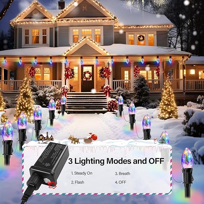 Upgraded 25FT C9 Christmas Pathway Lights Outdoor, 20 LED Bulbs with Stakes, Extendable Waterproof Christmas Lights for Walkway Driveway House Garden Decorations - Multicolor
