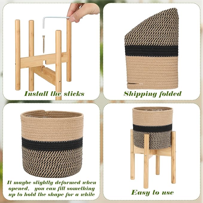 Plant Basket with Stand Indoor Planter Pot Holder Sturdy Jute Rope Modern Woven Basket, Cotton Rope Woven Pot with Bamboo Stand(7.87 Inch,Black and Beige Stripes)