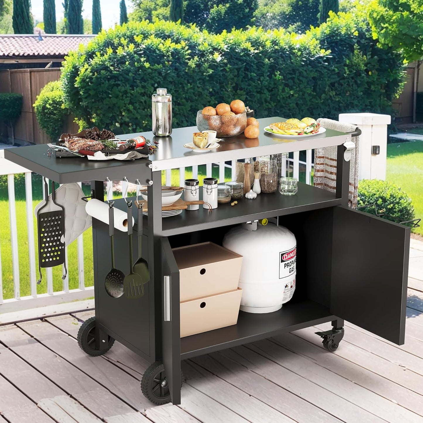JY QAQA Outdoor Grill Cart with Storage,Patio Kitchen Island Outdoor Grill Table with Wheels,BBQ Cart Movable Pizza Oven Table Stand, Storage Cabinet, Foldable Tabletop, (Black)