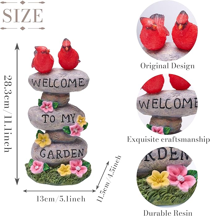 TERESA'S COLLECTIONS Garden Statues with Outdoor Solar Lights for Garden Decor, Cardinal Birds Welcome Yard Sign Rocks & Flower Resin Valentines Decorations, Gifts for Mom Yard Decor, 11"