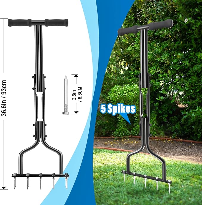 Lawn Aerator, Lawn Spike Aerator Manual Tool with 15 Pieces Solid Steel Spikes, Garden Grass Aeration, Soil Aerating Tool with Clean Tool for Aerating Lawns and Yard Care