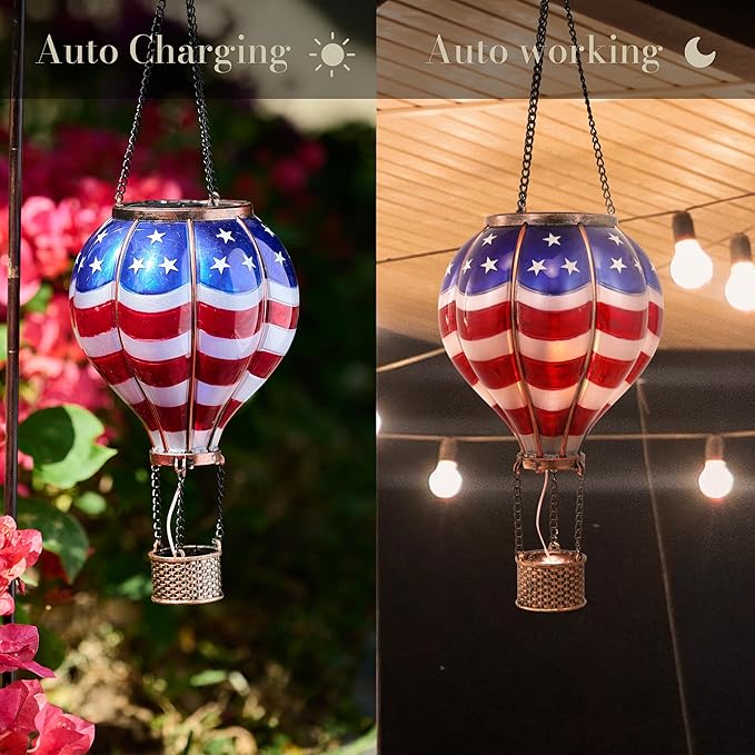 TERESA'S COLLECTIONS America Fourth of July Decorations, Hot Air Balloon Solar Lantern for Garden Decor,Gifts for Women + Memorial Day 17.7'' Hot Air Balloon Solar Lantern