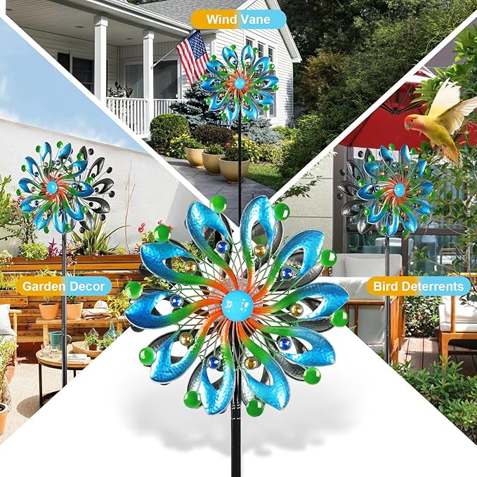 Wind Spinners for Yard and Garden-Wind Sculptures & Spinners 75 in Garden Kinetic Art with Solar Powered Multi-Color Glass Ball Light for Yard Garden Backyard Lawn Decorations