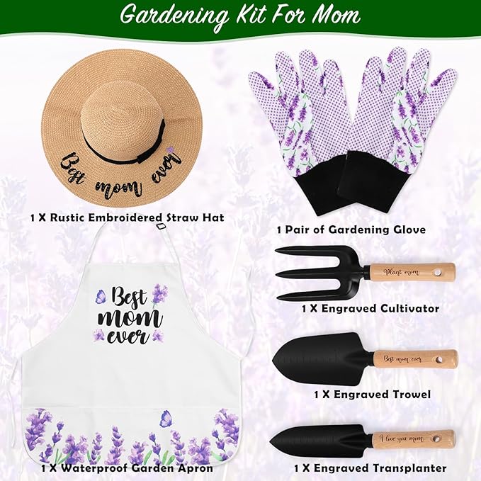 Percozzi Gifts for Mother‘s day Gardening Tools Kit Planting Tools Lavender Straw Hat Floral Apron Glove Women Birthday Spring Mother's Day Basket for Her Mother Outdoor Yard Lawn Horticulture Starter