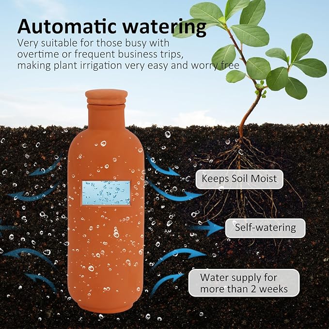 3pcs Ollas 10×3.5×3.5inch Terracotta Watering Pots Self Watering Planter Watering System 30.5oz Plant Watering Globes Clay Watering Pot with lid Terra Cotta Clay Irrigation Globes