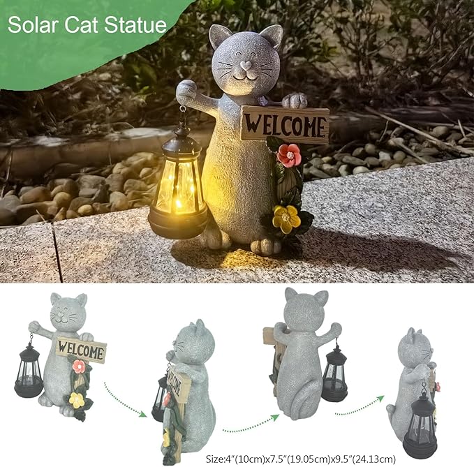 Solar Cat Statue with Solar Lantern-Outdoor Garden Décor, LED Lighted Kitty Figurine for Patio, Lawn,Yard-Valentine's Day, Birthday Gifts for Mom,Grandma,Cat Lovers